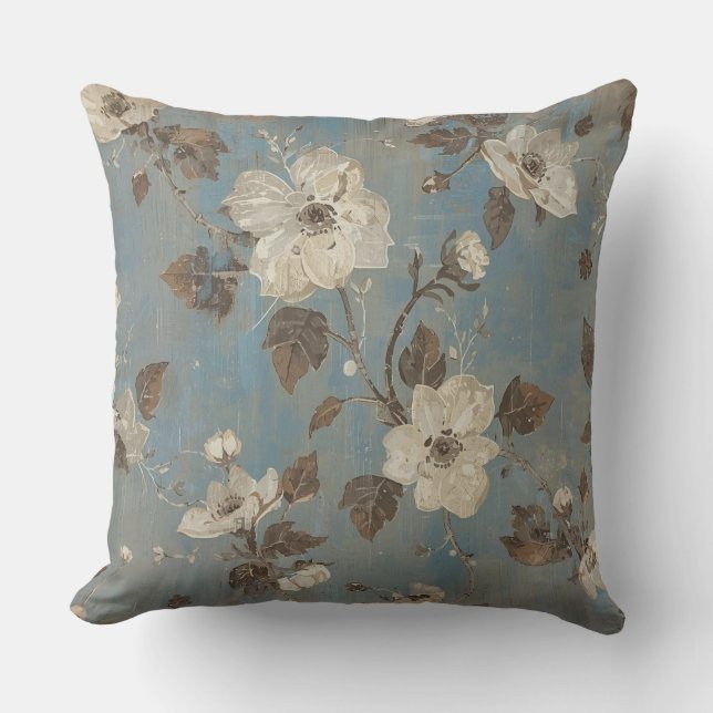 Rustic Light Blue Cocoa Brown Floral Print Throw Pillow (Front)