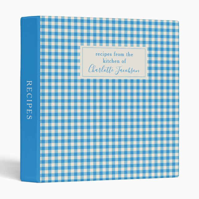 Rustic Light Blue Gingham Plaid Monogram Recipe Binder (Front/Spine)
