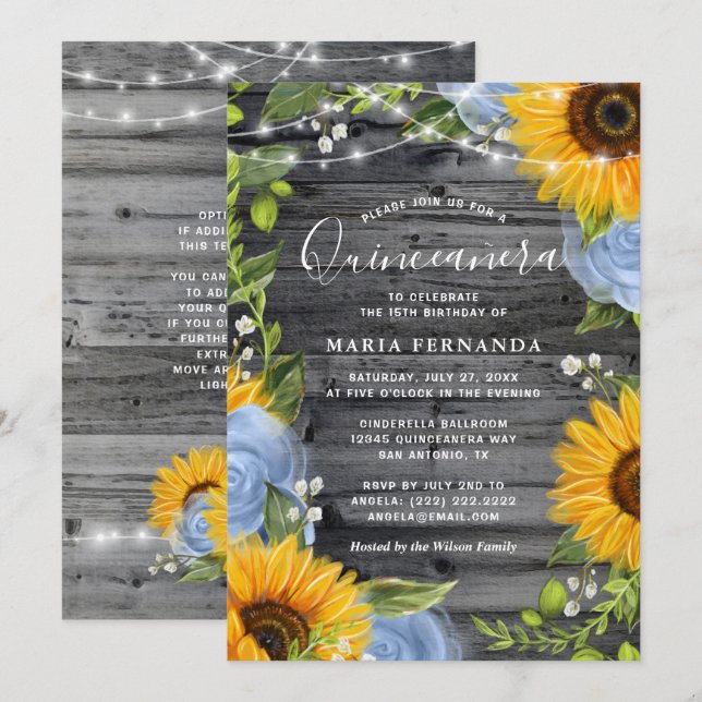 Rustic Light Blue Roses Sunflower Quinceanera Invitation (Front/Back)