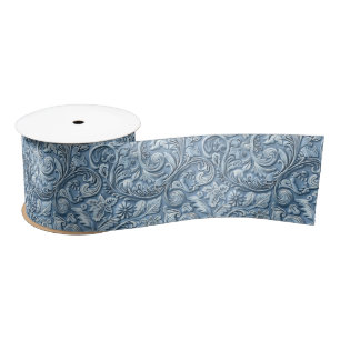 Rustic light blue tooled leather satin ribbon