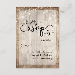Rustic Light Brown Wood & Lights Wedding RSVP 1 Card