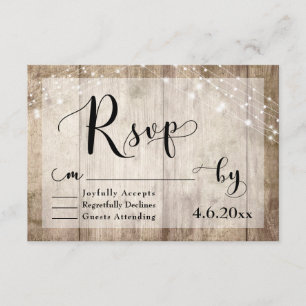 Rustic Light Brown Wood & Lights Wedding RSVP 3 Card