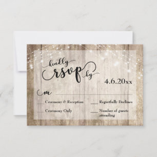 Rustic Light Brown Wood & Lights Wedding RSVP 3 Card