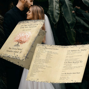 Rustic Light Coral Heart Leaf Tree Wedding Program