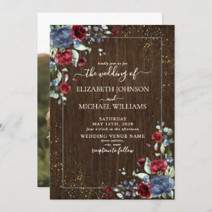Rustic Light Dusty Blue Burgundy Wood Photo Invitation