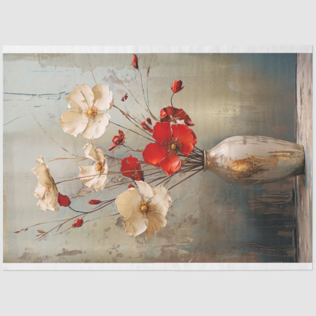 Rustic Light Gray Blue, Beige & Red Flowers & Vase Tissue Paper (Front)