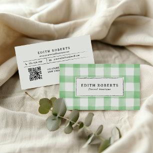 Rustic Light Green Watercolor Buffalo Plaid QRCODE Business Card