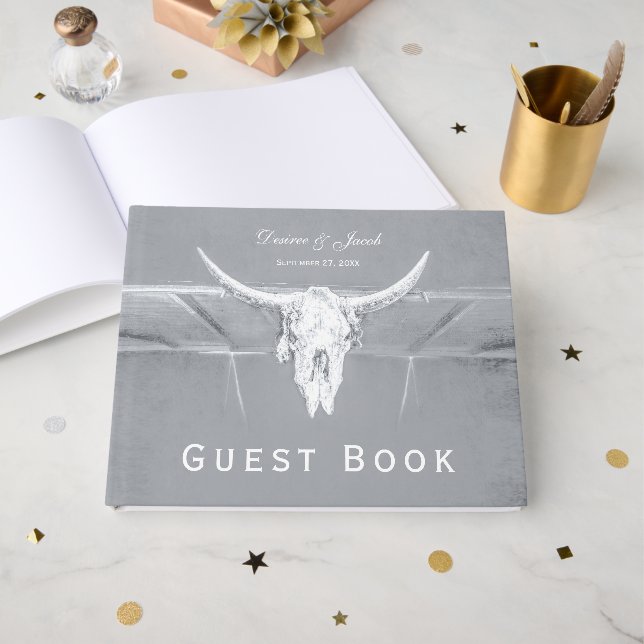 Rustic Light Grey White Western Cow Skull Napkins Guest Book (Front Open)