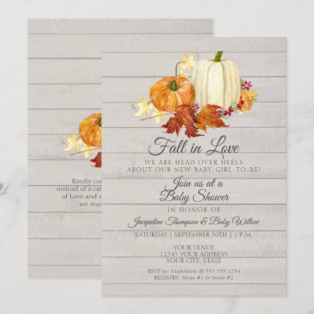 Rustic Light Grey Wooden Pumpkin Girl Baby Shower Invitation (Front/Back)