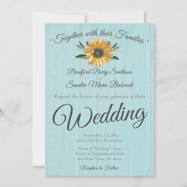 Rustic Light Teal Blue Barn Wood Sunflower Wedding Invitation (Front)