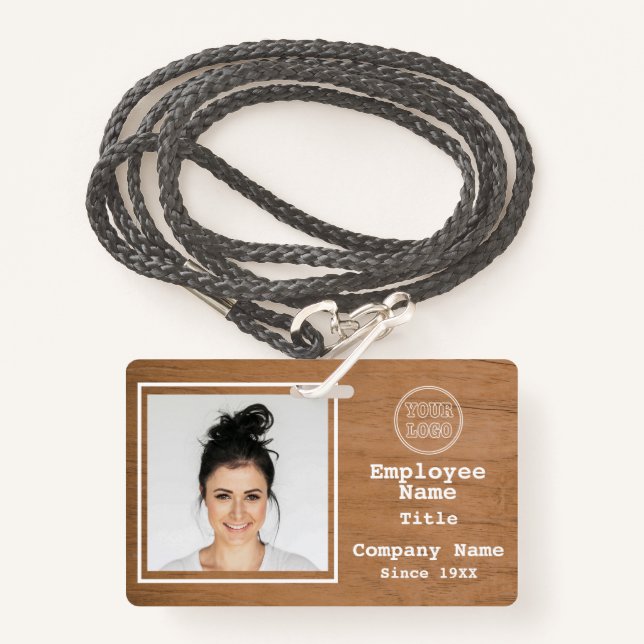 Rustic Light Wood Add Logo Add Photo Employee Id Badge (Front with Lanyard)