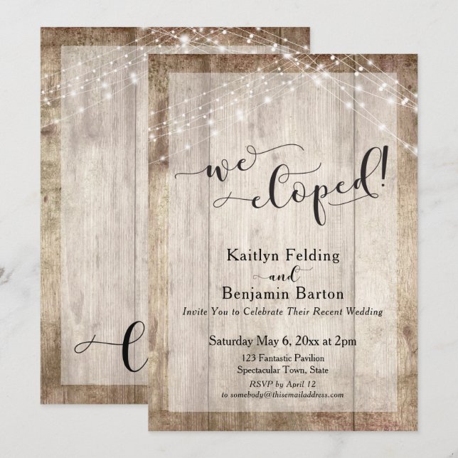 Rustic Light Wood & Lights, We Eloped, Reception Invitation (Front/Back)