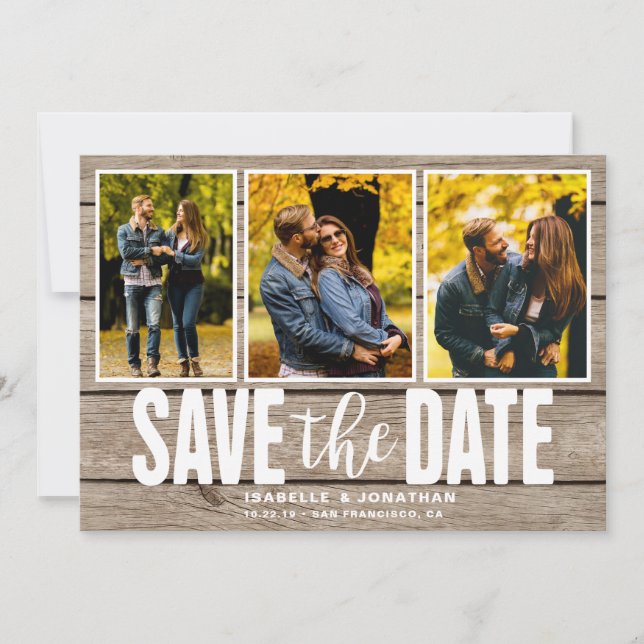 Rustic Light Wood Photo Collage Save The Date (Front)