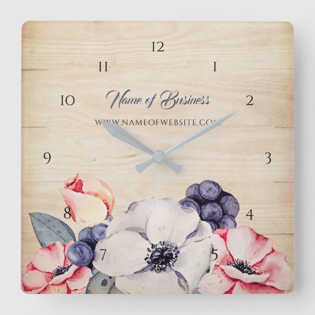 Rustic Light Wood Summer Blossom and Blueberries Square Wall Clock (Front)