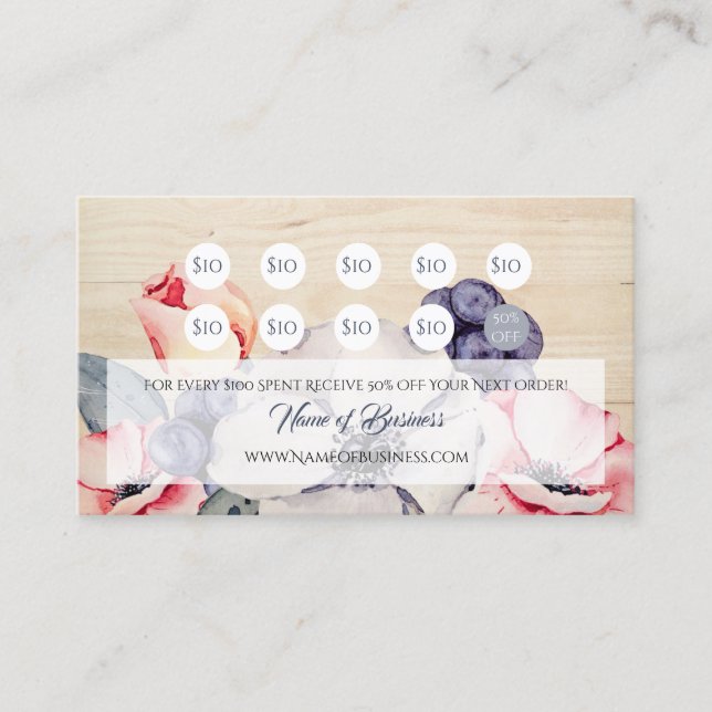 Rustic Light Wood Summer Blossom Loyalty Card (Front)