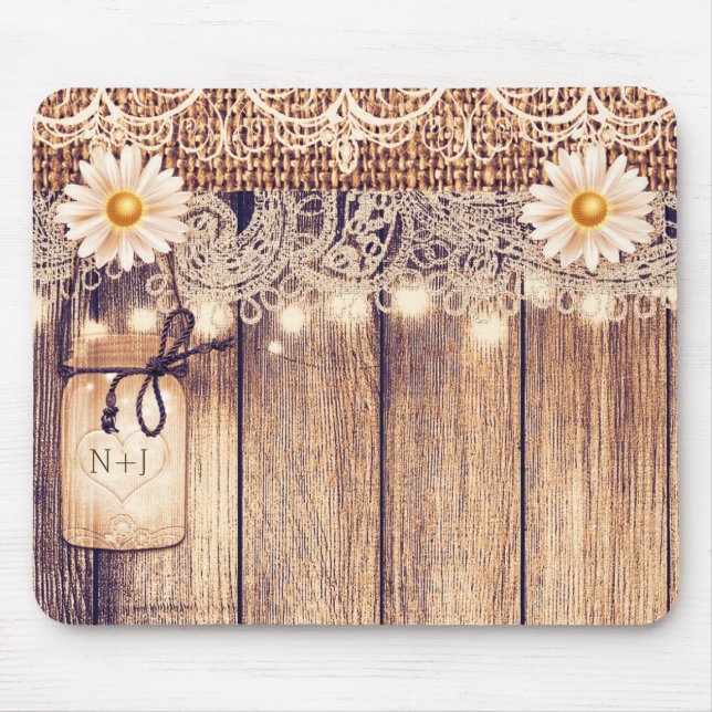 Rustic Lighted Mason Jars Daisies & Lace Computer Mouse Pad (Front)