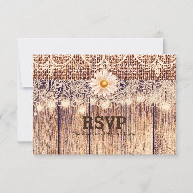 Rustic Lighted Mason Jars Daisies & Lace RSVP Card (Front)