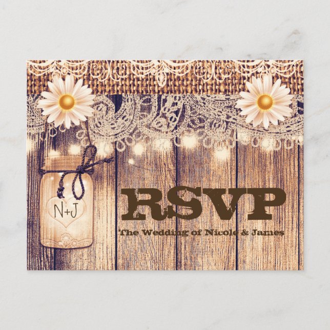 Rustic Lighted Mason Jars Daisies & Lace RSVP Invitation Postcard (Front)