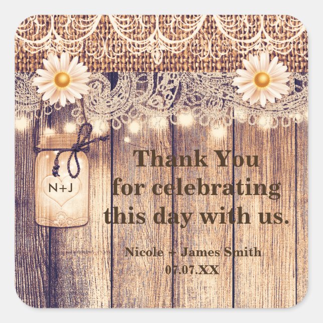 Rustic Lighted Mason Jars Daisies & Lace Wedding Square Sticker (Front)