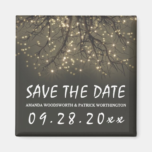 Rustic Lighted Tree Branch Wedding Save the Date Magnet (Front)