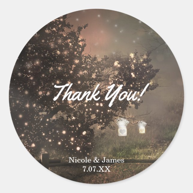 Rustic Lighted Tree in Field Wedding Favour Classic Round Sticker (Front)