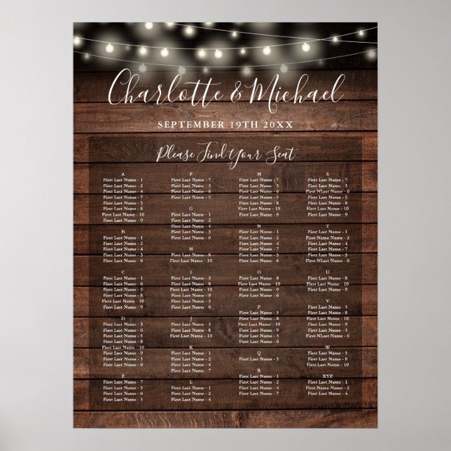 Rustic Lights Alphabetical Wedding Seating Chart (Front)