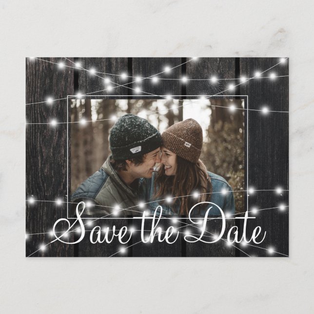 Rustic lights barn wood photo save date wedding announcement postcard (Front)