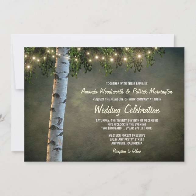 Rustic Lights Birch Bark Tree Wedding Invitations (Front)