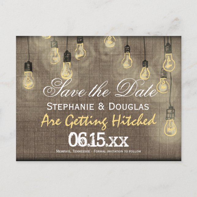 Rustic Lights Burlap Save the Date Postcards (Front)