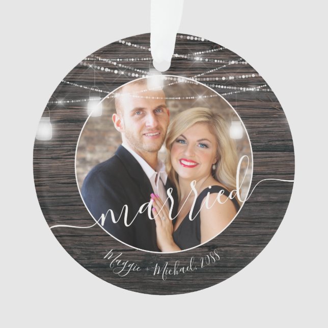 Rustic Lights First Christmas Married Photo Ornament (Front)