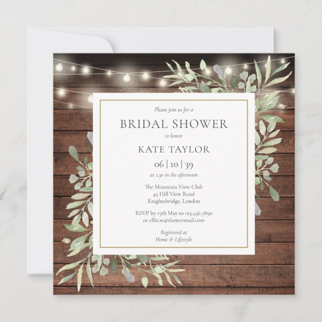 Rustic Lights Greenery Photo QR Code Bridal Shower Invitation (Front)