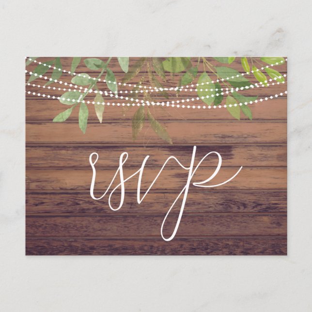 Rustic Lights Greenery Wedding RSVP Postcard (Front)