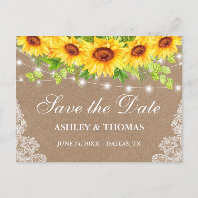 Rustic Lights Lace Sunflowers Kraft Save the Date Announcement Postcard (Front)