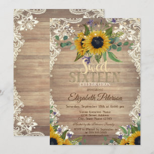 Rustic Lights,Lace Sunflowers Sweet 16 Party Invitation
