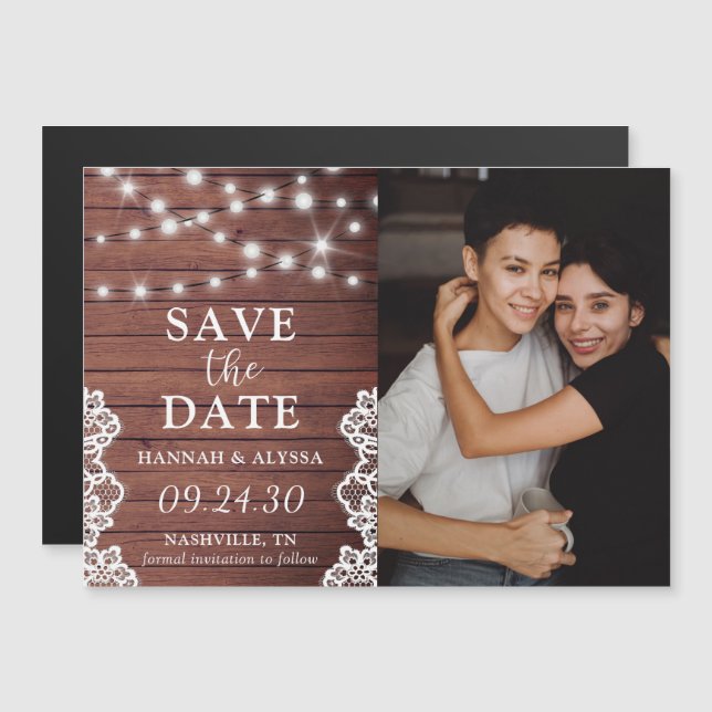 Rustic Lights LGBTQ Photo Save the Date Card (Front/Back)