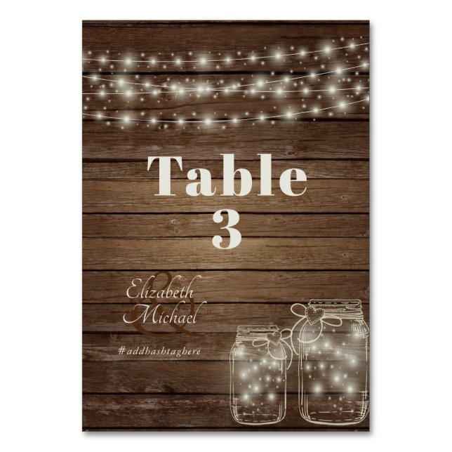 Rustic lights Mason Jar Table Number Card (Front)
