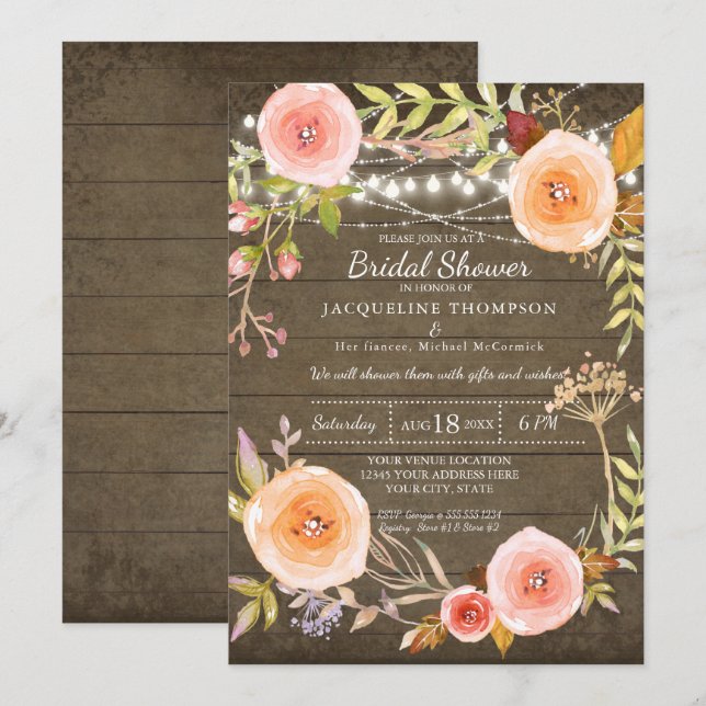 Rustic Lights n Wood Bridal Shower Floral Wreath Invitation (Front/Back)