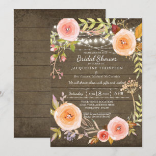 Rustic Lights n Wood Bridal Shower Floral Wreath Invitation