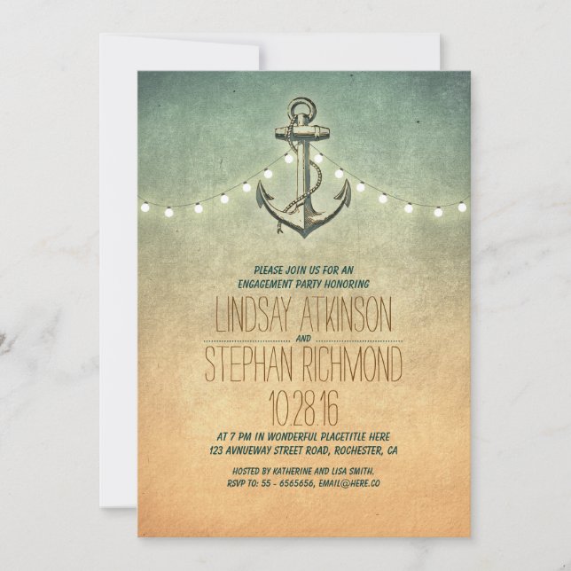 Rustic lights nautical engagement party invitation (Front)