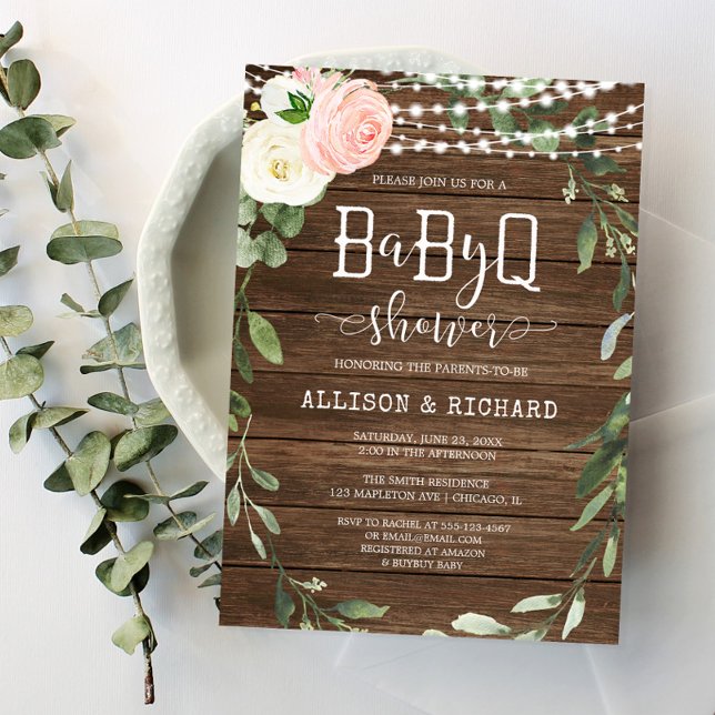 Rustic lights pink greenery girl BBQ baby shower Invitation (Creator Uploaded)