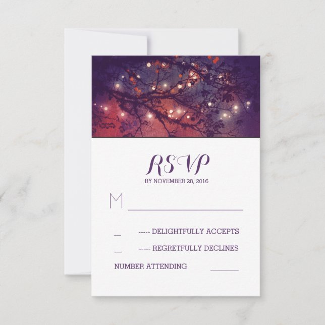 Rustic lights purple wedding RSVP cards (Front)