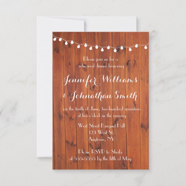 Rustic lights rehearsal dinner invitations (Front)