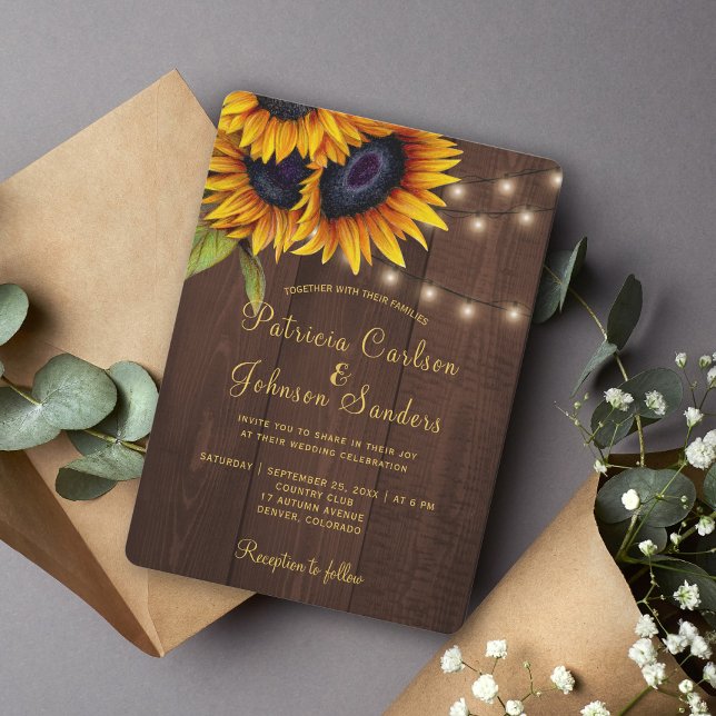 Rustic lights sunflower barn wood wedding invitation (Creator Uploaded)