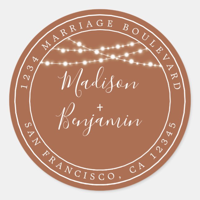 Rustic Lights TerraCotta Wedding Return Address Classic Round Sticker (Front)