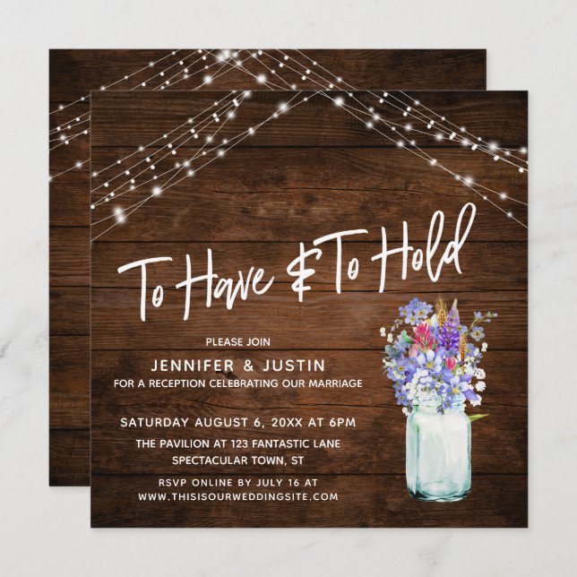 Rustic Lights To Have & To Hold Wildflowers in Jar Invitation (Front/Back)