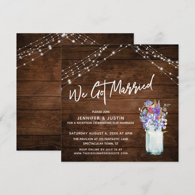 Rustic Lights We Got Married Wildflowers in Jar Invitation (Front/Back)