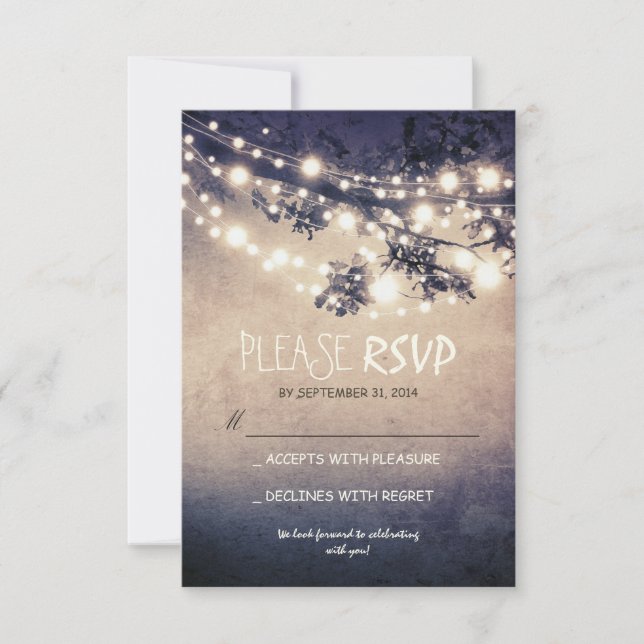 Rustic lights wedding RSVP cards (Front)