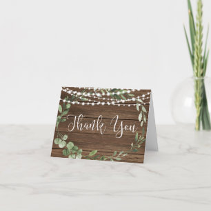 Rustic lights wood greenery wreath thank you card