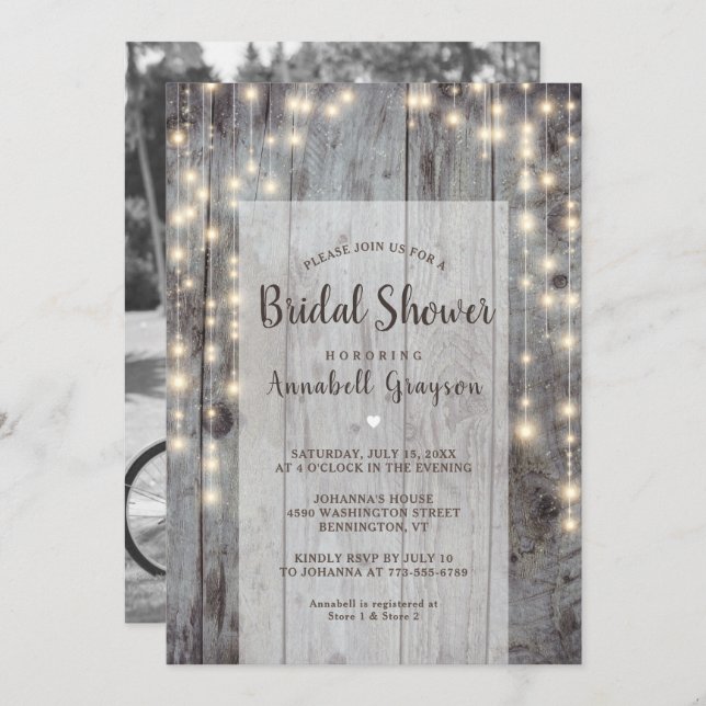 Rustic Lights Wood Photo Bridal Shower Invitation (Front/Back)