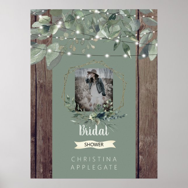 Rustic Lights & Wood Photo Sage Bridal Shower  III Poster (Front)
